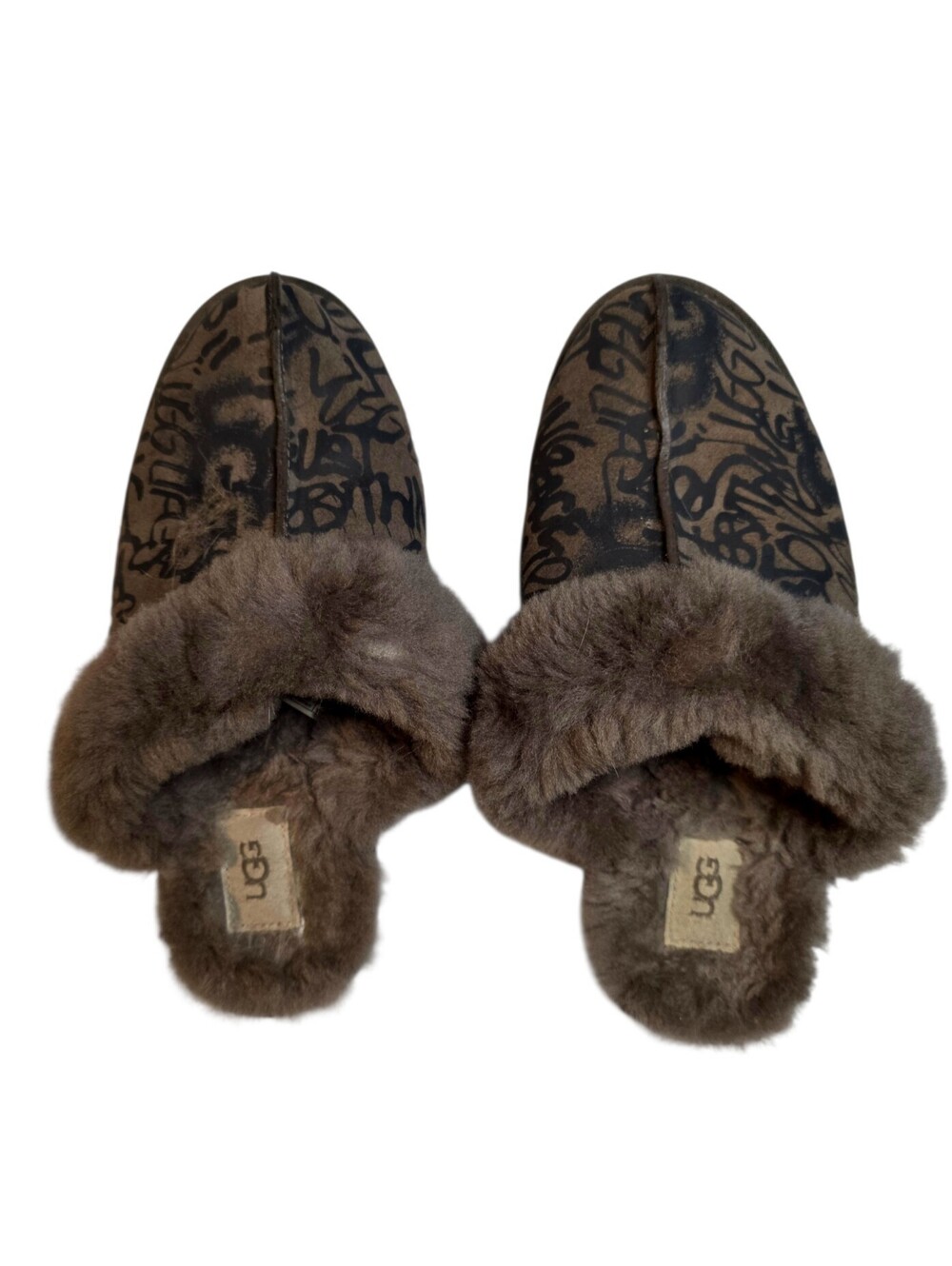 UGG Scuffette II Slippers Womens 10 Brown Graffiti Logo